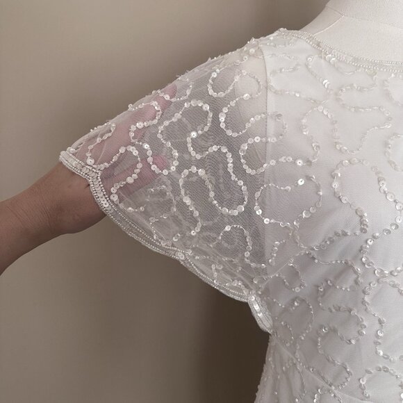 NWT Adrianna Papell White Dress $249 Flutter Sleeve Bridal Shower Women 4 Sequin - Picture 3 of 15
